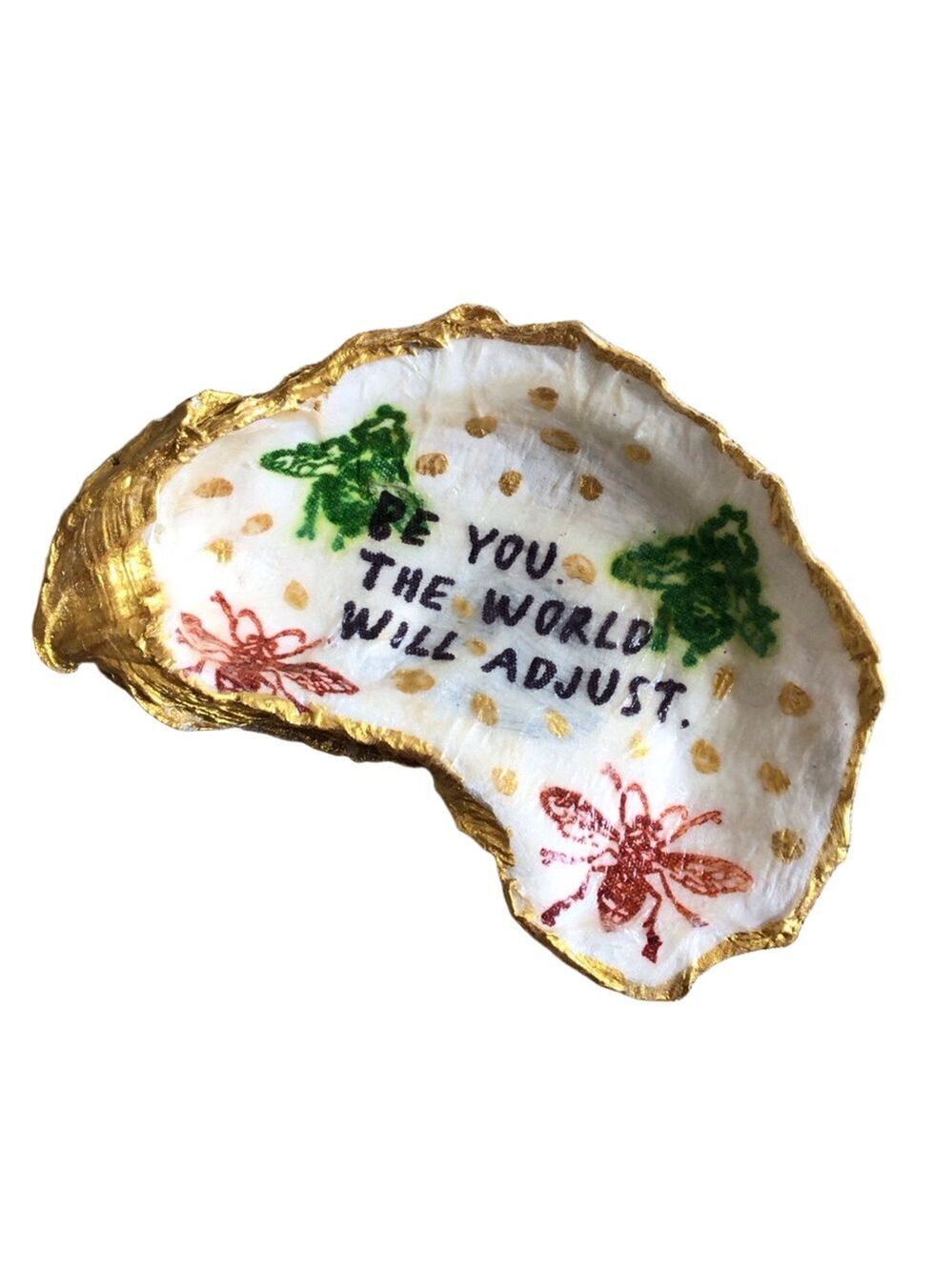Handcrafted Mixed Media Art trinket oyster shell dish with Gold Accents 4โ long